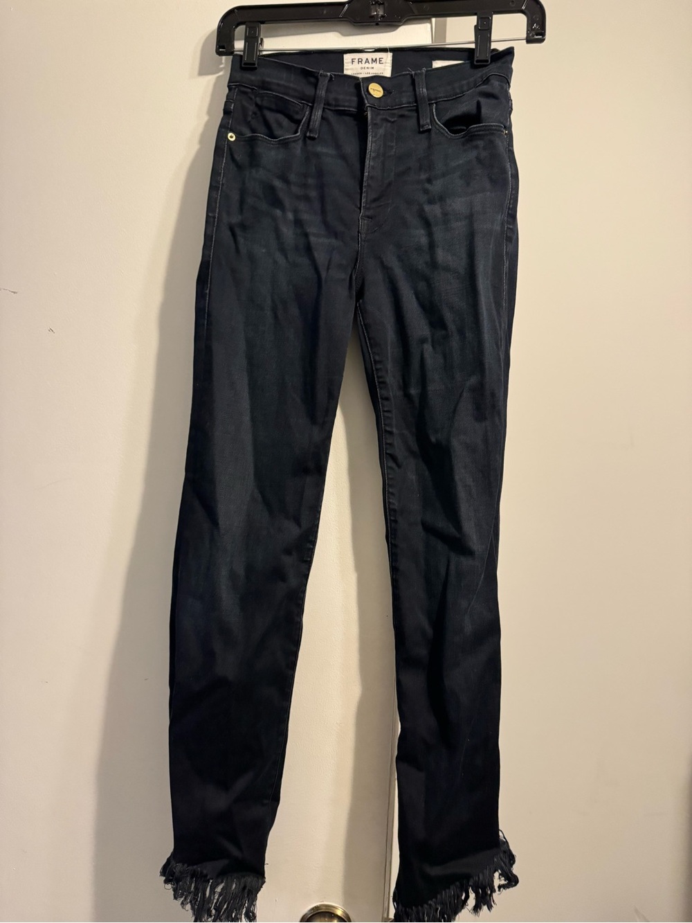 Frame Denim dark wash Le High Straight Jeans with Frayed Hem